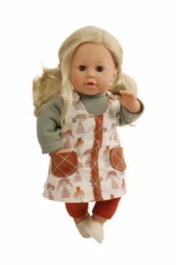 Schildkröt-Puppen Spielpuppen>Susi Gr.45 , Latzhose im Puppenmotiv, blonde Haare
